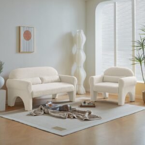 2 Piece Set Sofa Couch Modern Lambs Wool Fabric Loveseat & Accent Chair for Living Room