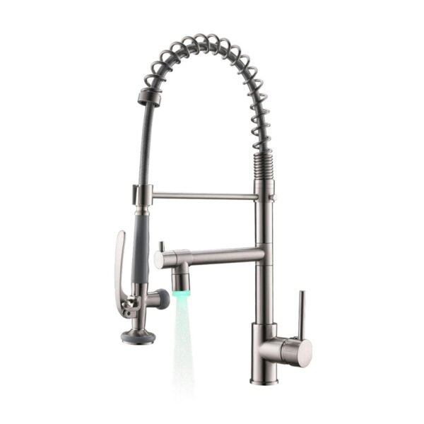 2 Spout Single Handle Kitchen Faucet with LED Light Pull Down Sprayer